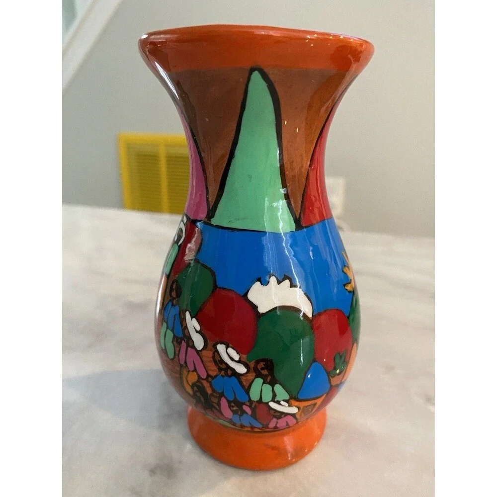 Vintage Mexican Folk Art Hand Painted Vase